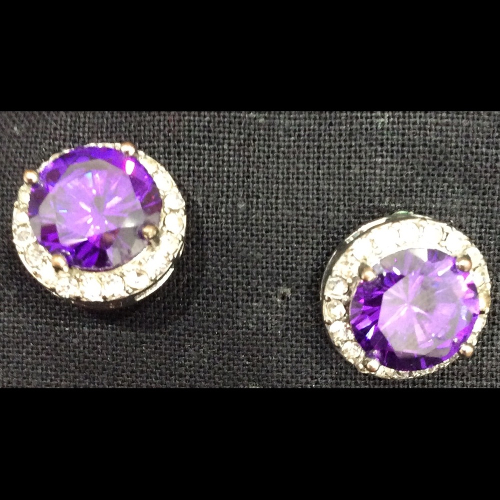 Amethyst & CZ Stud Earrings In Silver Setting